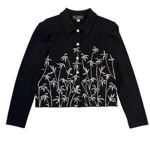 St. John Collection Black Santana Knit Bamboo Palm Tree Gold Button Cardigan